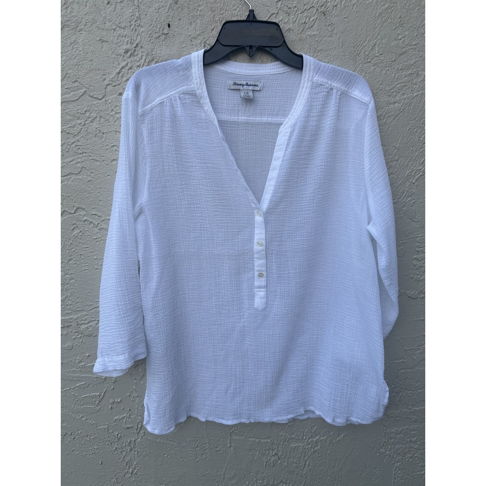 Tommy Bahama Womens White Crinkle Gauze Roll Tab Sleeve Tunic Top Large